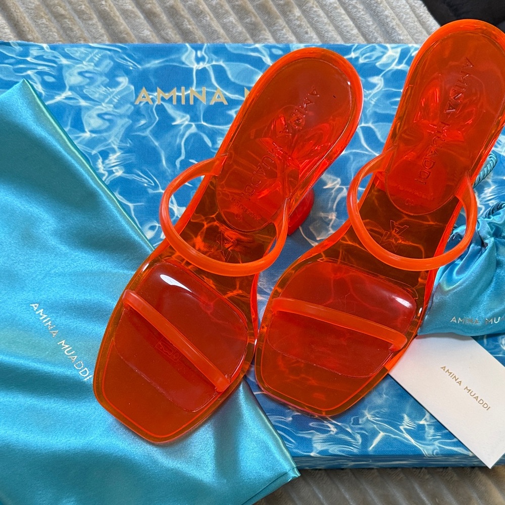Amina Muaddi Brito Orange Heels